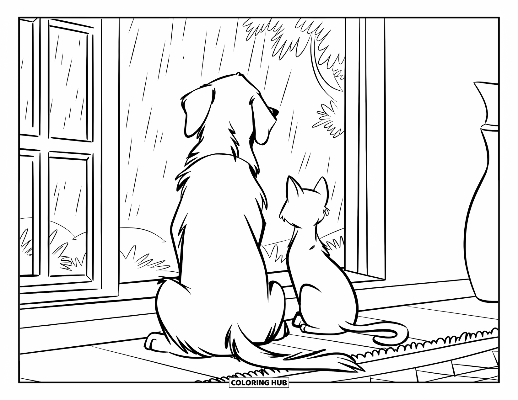 Rainy Day Coloring Page for Kids: A golden retriever and calico cat watch the rain from a window