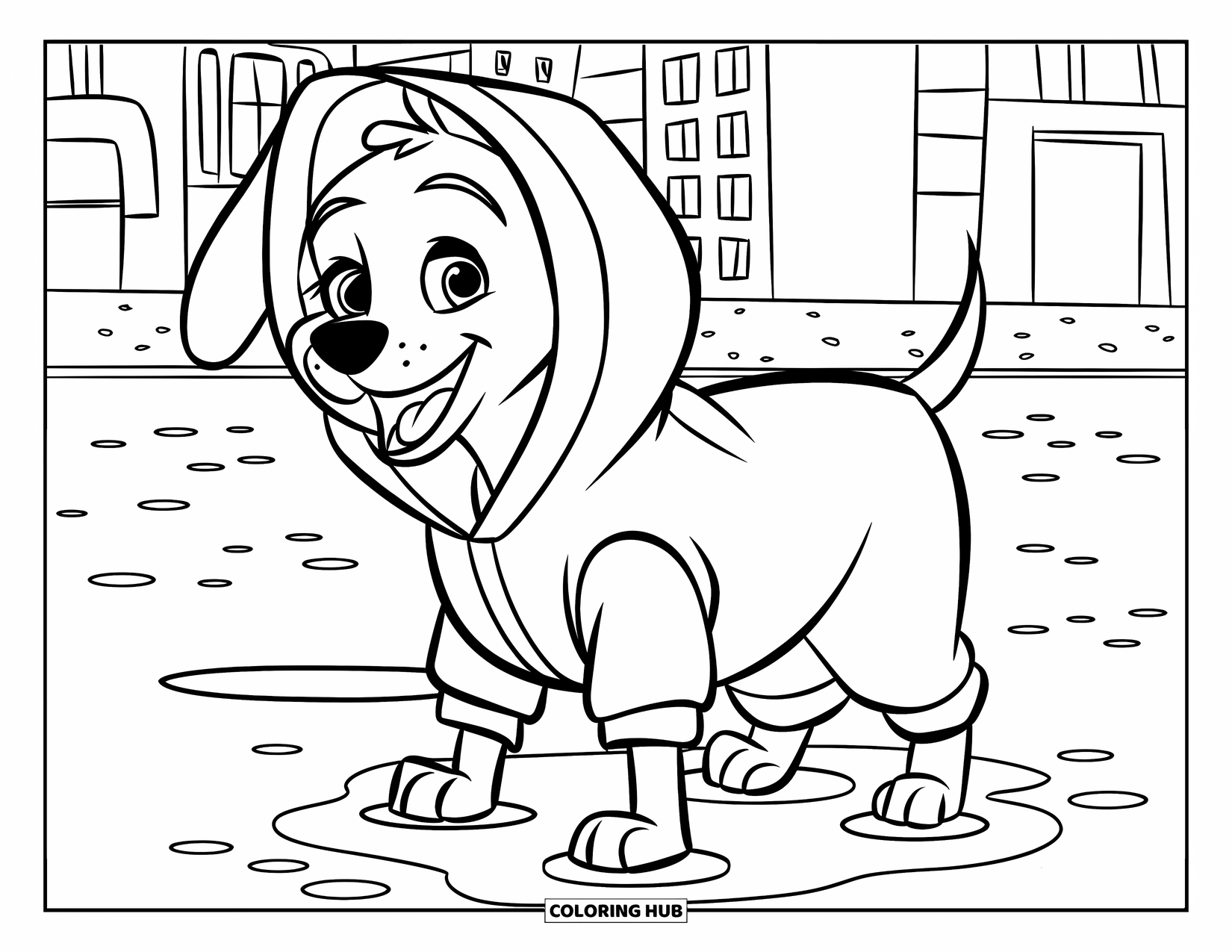 Rainy Day Coloring Page for Kids: A happy dog in a raincoat splashes in a city puddle