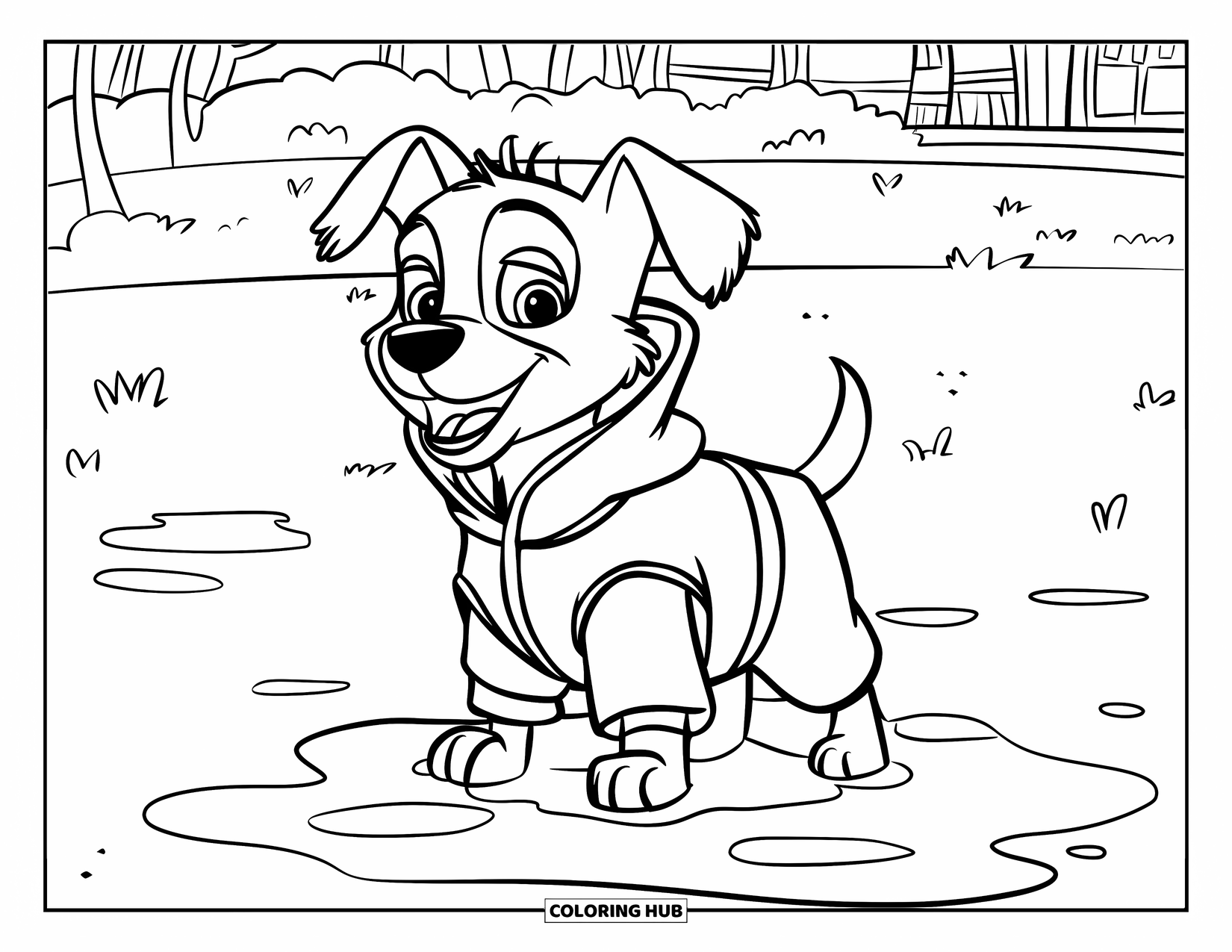 Rainy Day Coloring Page for Kids: A joyful pup in a raincoat enjoys a big puddle in a field