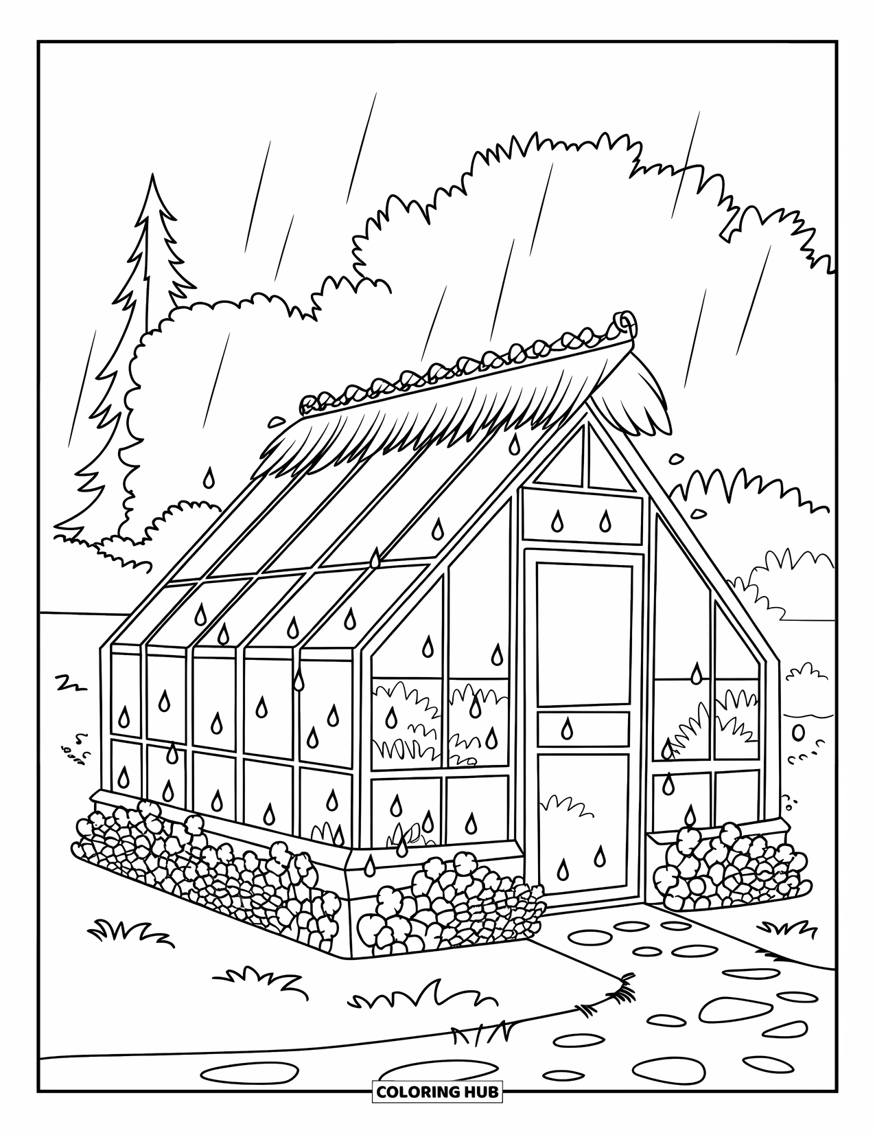 Rainy Day Coloring Page for Kids: A peaceful garden scene with a greenhouse touched by gentle raindrops