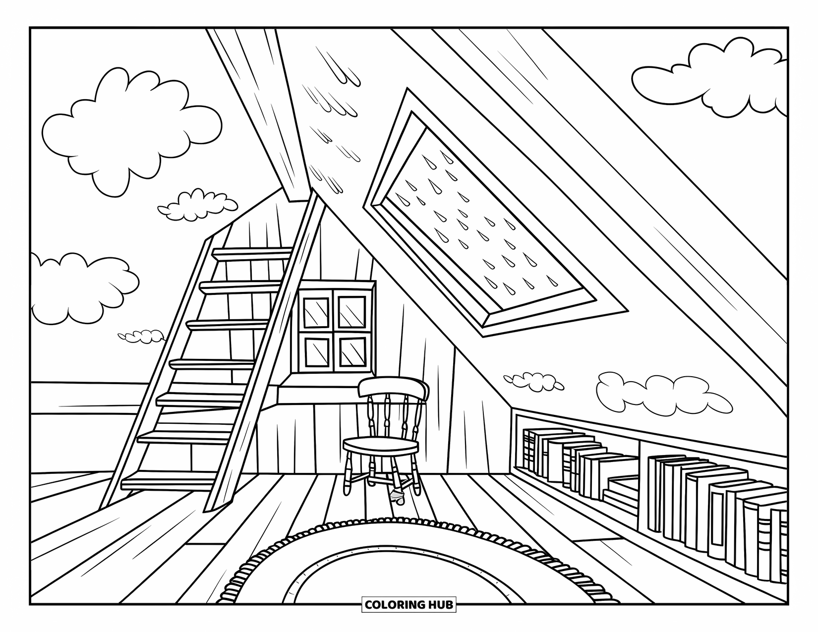 Rainy Day Coloring Page for Kids: A rustic attic with books and a ladder welcomes the rain through an open skylight