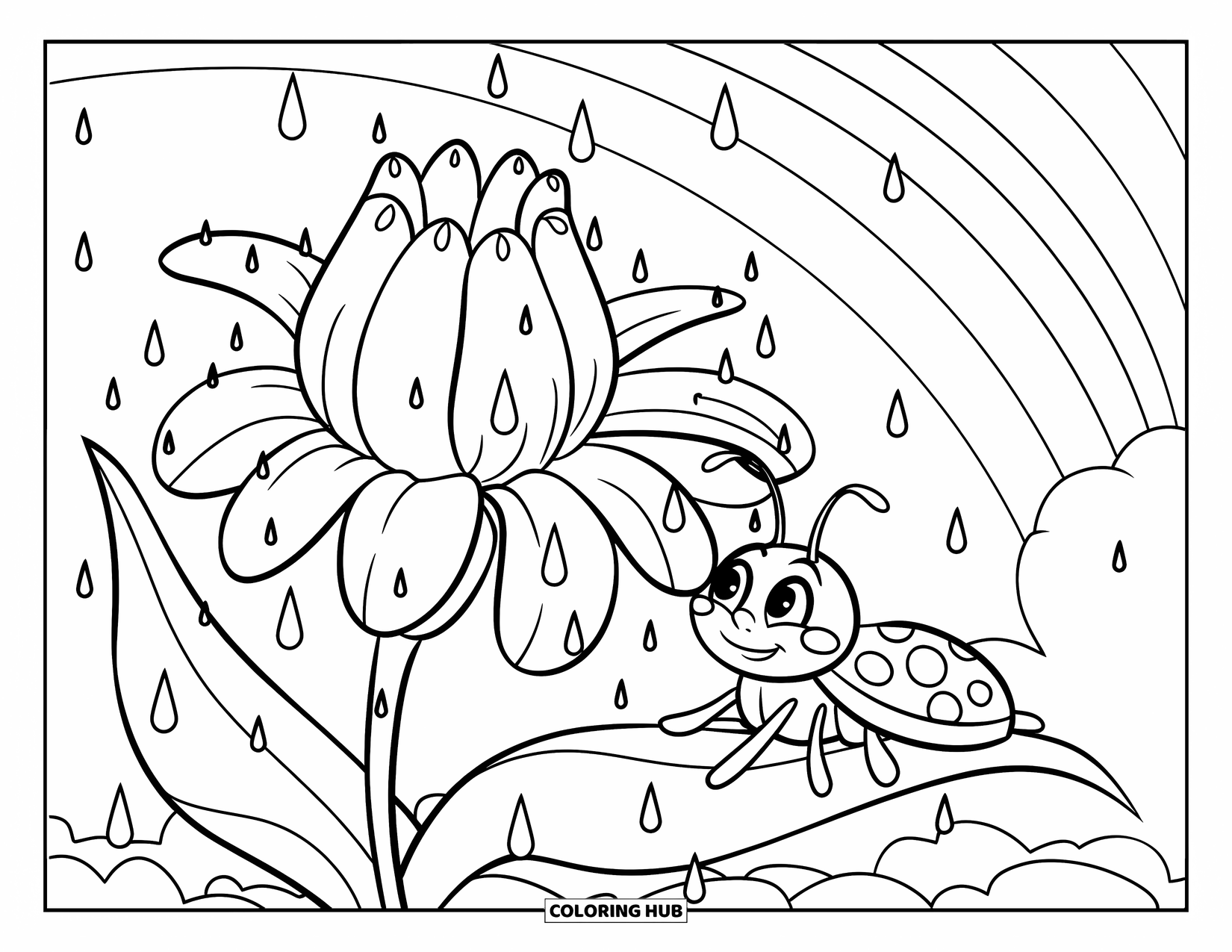 Rainy Day Coloring Page for Kids: A wide-petal flower catches raindrops with a little bug nearby