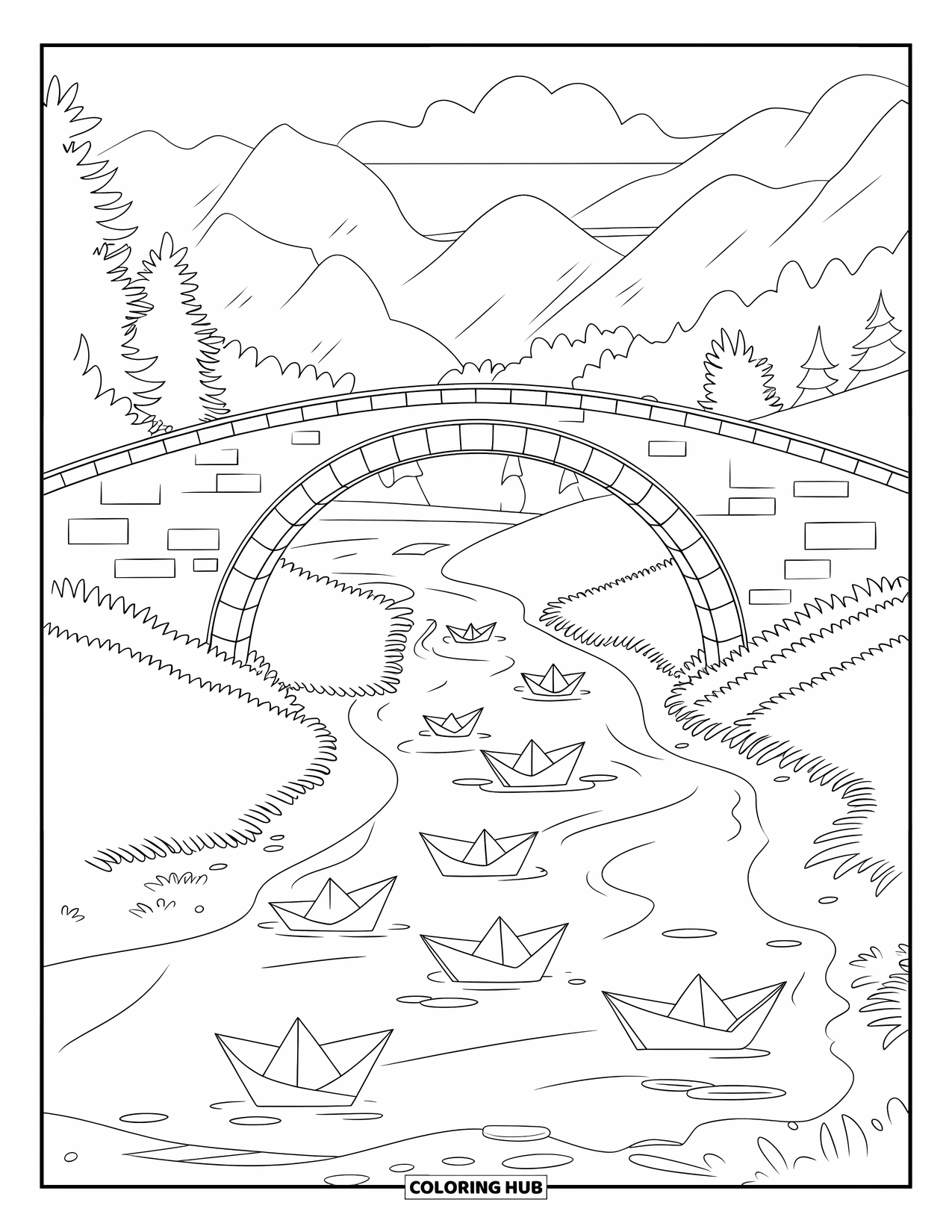 Rainy Day Coloring Page for Kids: Paper boats drift beneath a rainy bridge in a calm forest