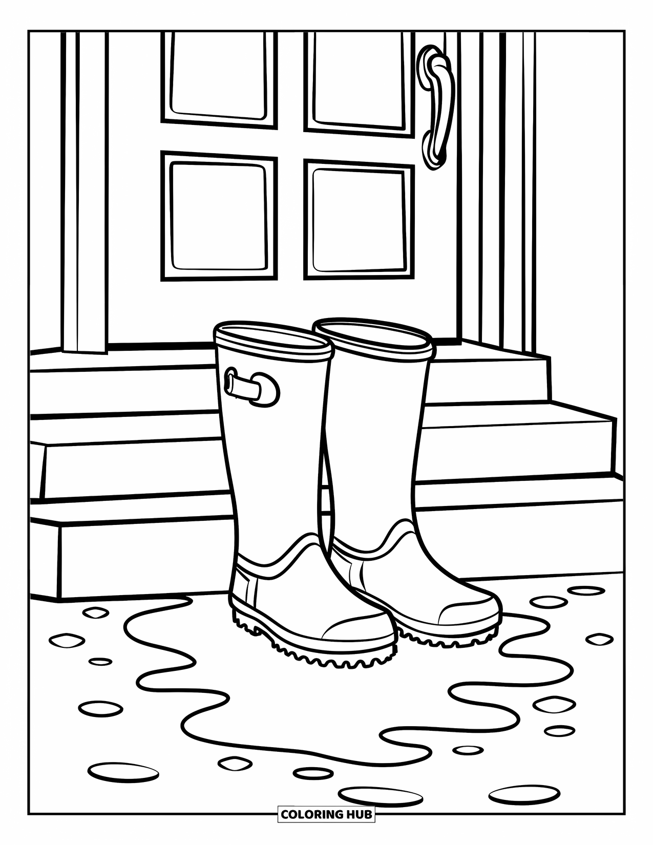 Rainy Day Coloring Page for Kids: Rain boots sit by a door with steps and a shiny puddle nearby