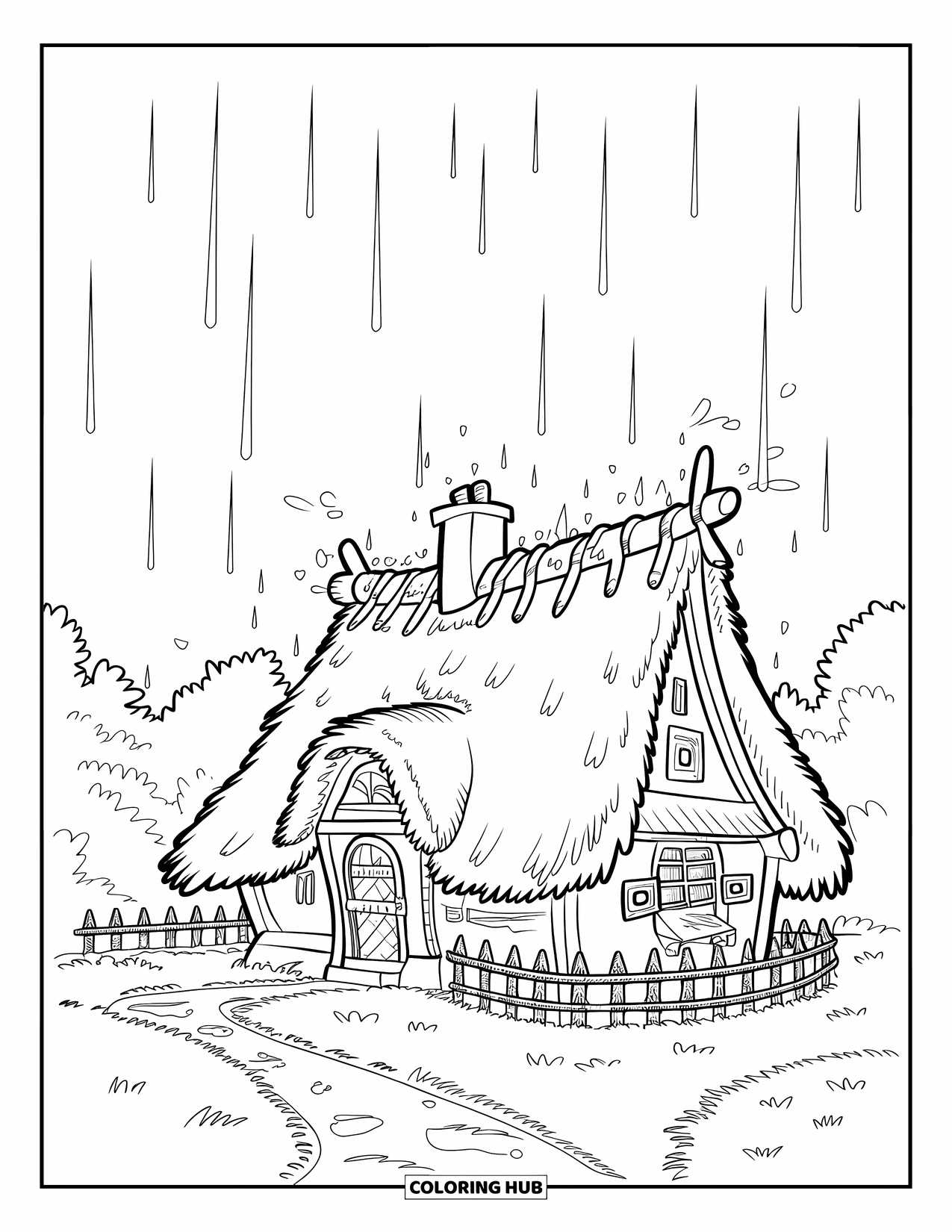Rainy Day Coloring Page for Kids: Rain falls on a cottage roof while puddles glisten near the path