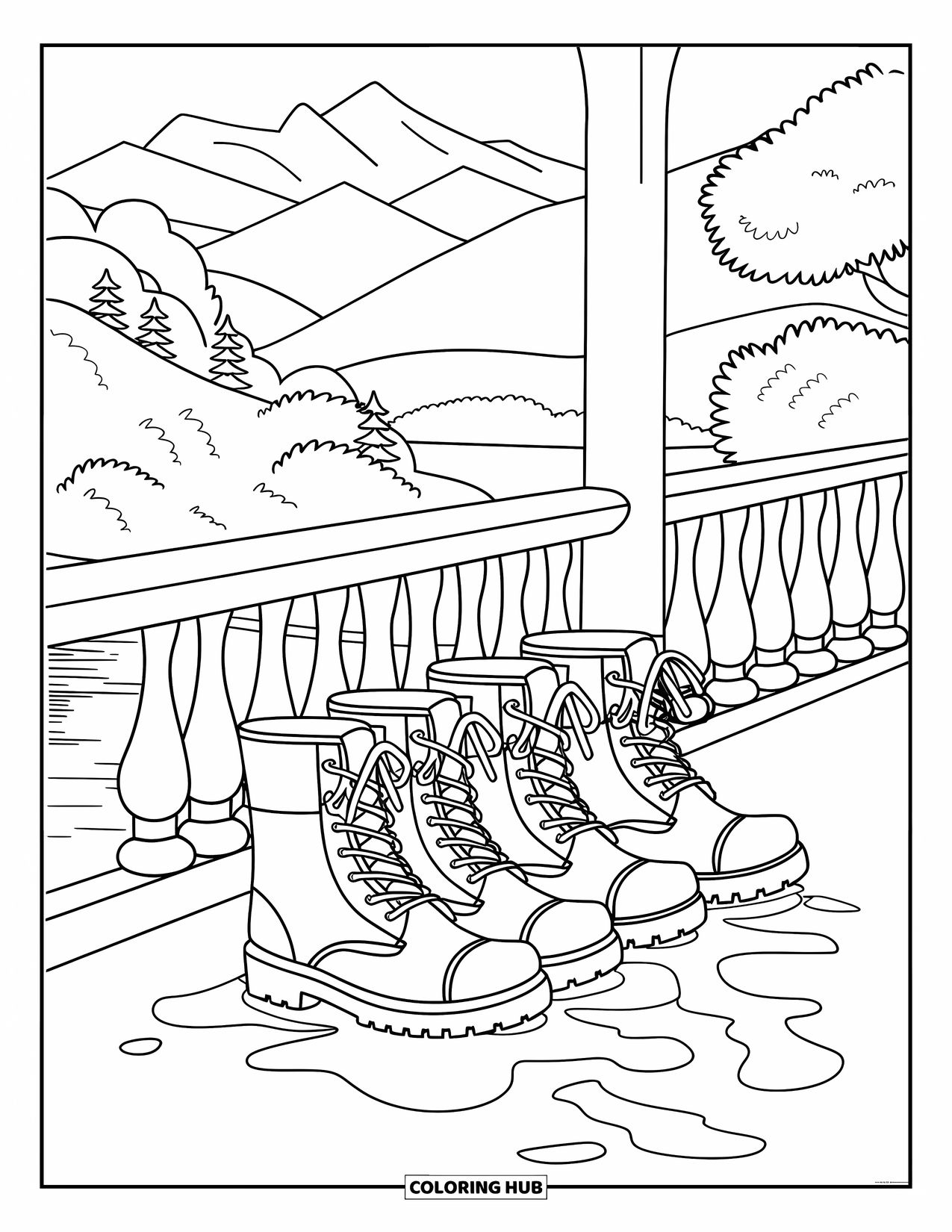 Rainy Day Coloring Page for Kids: Three pairs of boots rest on a porch with water dripping nearby