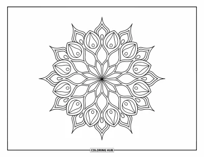 Rangoli-fargeleggingsark for voksne: Vekslende trekanter og blomsterkurver skaper et slående stjernesmelldesign