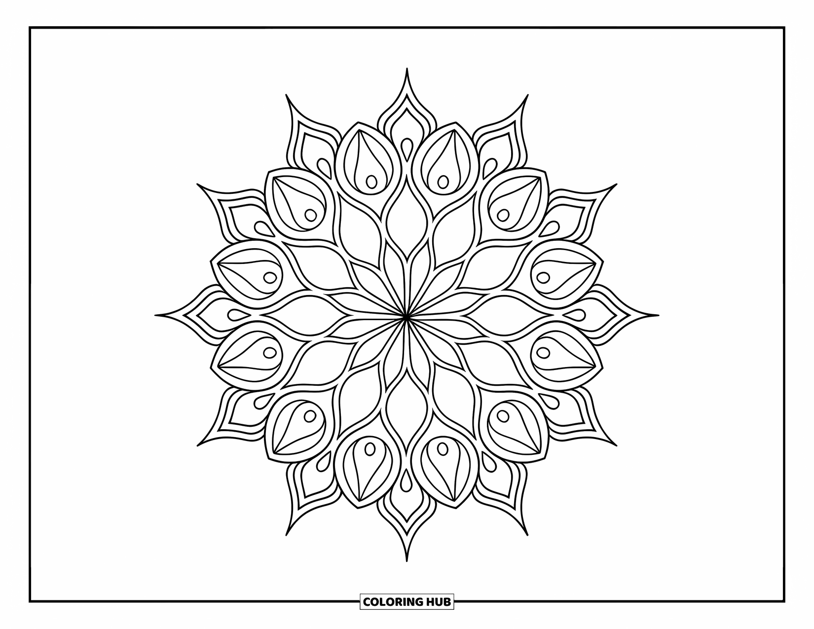Rangoli Coloring Page for Adults: Alternating triangles and floral curves create a striking starburst design