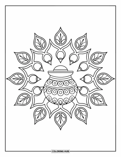 Rangoli-fargeleggingsark for voksne: Sentral kalash-krukke omgitt av bjeller og blader