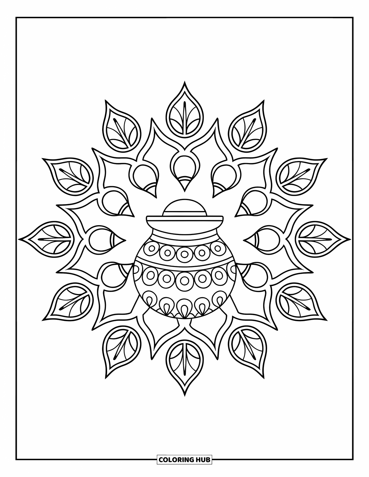 Rangoli Coloring Page for Adults: Central Kalash pot surrounded by bells and leaves