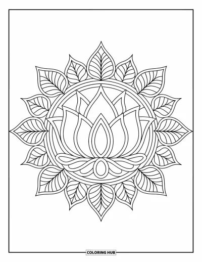 Rangoli-fargeleggingsark for voksne: Sentral lotus med bladarmer som danner en grasiøs blomsterrangoli
