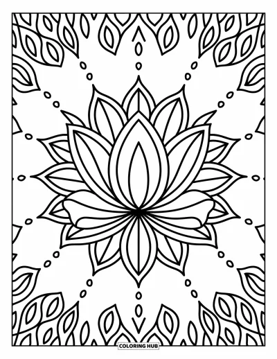 Rangoli-fargeleggingsark for voksne: Sentral lotus med runde og spisse kronblader omgitt av små detaljer