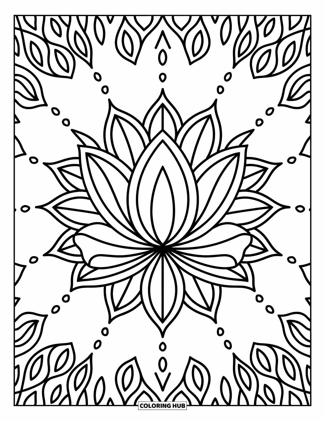 Rangoli Coloring Page for Adults: Central lotus with rounded and pointed petals, surrounded by tiny details
