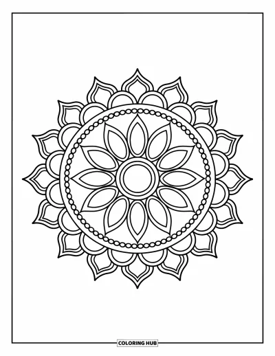 Rangoli-fargeleggingsark for voksne: Sirkulær lotus-rangoli med kronbladlag og prikkede kanter