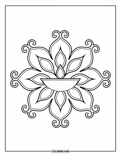 Rangoli-fargeleggingsark for voksne: Buede kronbladringer og virvler innrammer et sentralt diya-design
