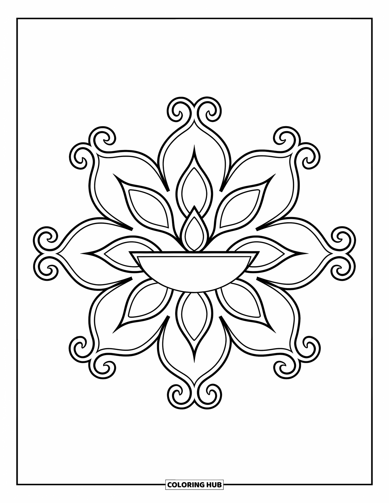Rangoli Coloring Page for Adults: Curved petal rings and swirls frame a central diya design
