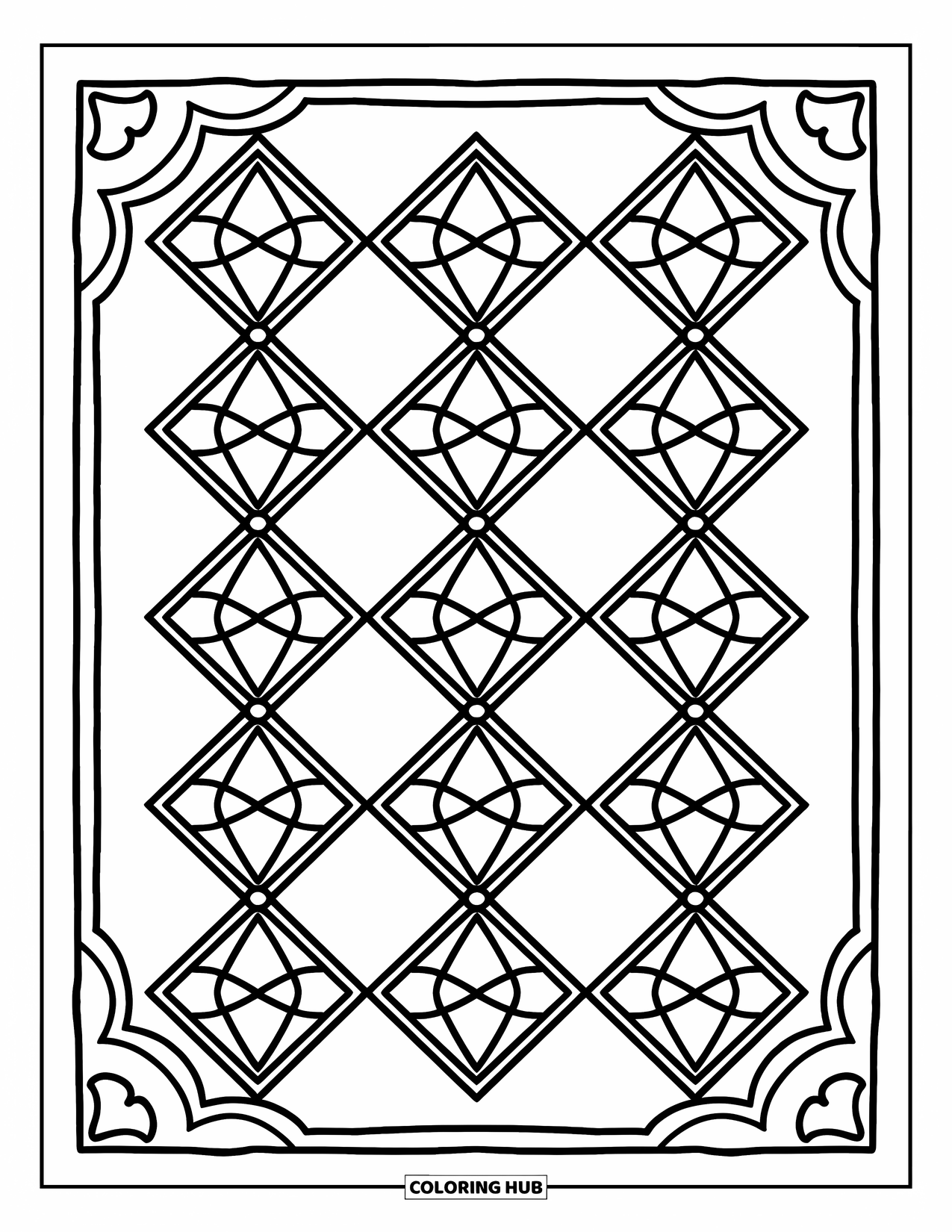 Rangoli Coloring Page for Adults: Diamond grid with arches and tiny patterns for a balanced look