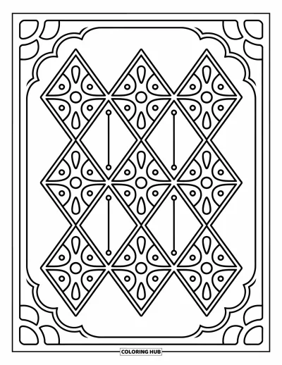Rangoli-fargeleggingsark for voksne: Diamantgitter med sirkler og trekanter inni en avrundet ramme
