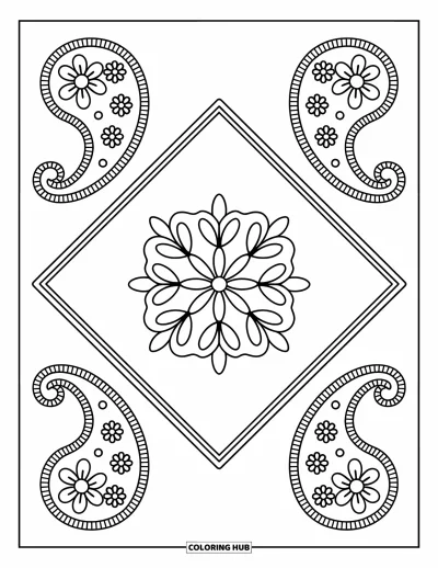 Rangoli-fargeleggingsark for voksne: Diamant-rangoli med store paisley-motiver og blomstermandala i midten