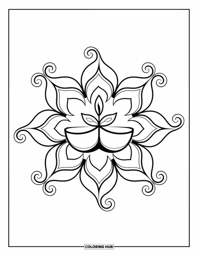 Rangoli-fargeleggingsark for voksne: Diya i sentrum med flytende kronblader og virveldetaljer