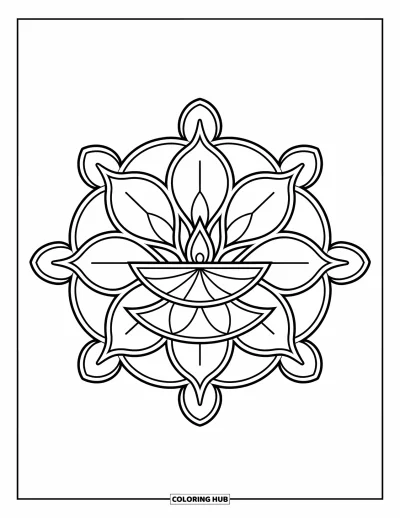 Rangoli-fargeleggingsark for voksne: Diya-sentrert rangoli med kronbladringer og spiralende hjørner
