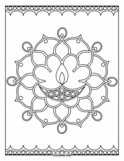 Rangoli-fargeleggingsark for voksne: Diya med kronbladringer og hjørnevirvler i et sirkulært mønster