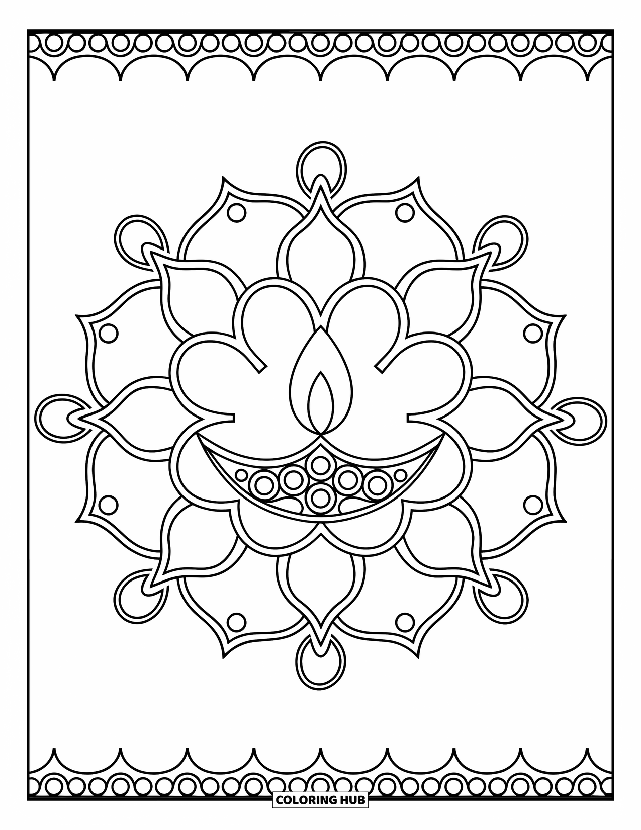 Rangoli Coloring Page for Adults: Diya with petal rings and corner swirls in a circular layout
