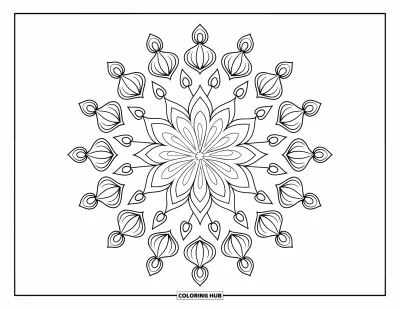 Rangoli-fargeleggingsark for voksne: Diya-er omkranser en stor blomst i denne festlige rangolien