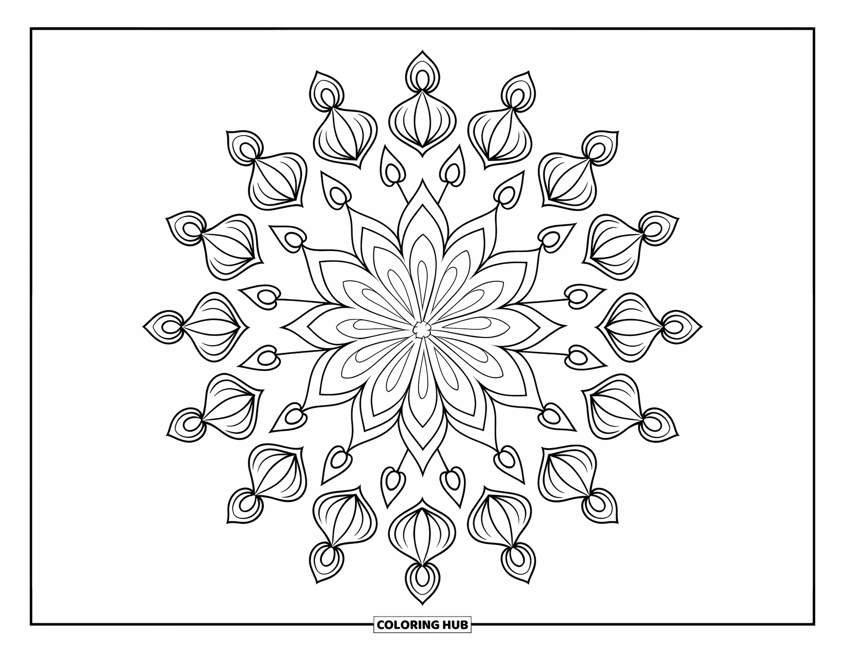 Rangoli Coloring Page for Adults: Diyas circle a large flower in this festive rangoli