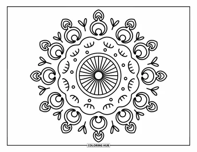Rangoli-fargeleggingsark for voksne: Festlig sirkulær rangoli med diya-er, solstrålelinjer og løvrike buer