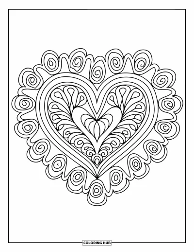 Rangoli-fargeleggingsark for voksne: Blomsterhjerterangoli med myke krøller og løkker