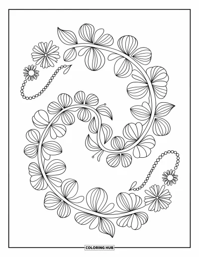 Rangoli-fargeleggingsark for voksne: Blomsterspiral med store og små blomster som flyter balansert utover