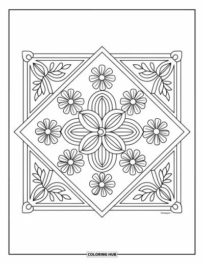 Rangoli-fargeleggingsark for voksne: Blomstrete trekantmønstre inni et kvadratisk rangoli-oppsett