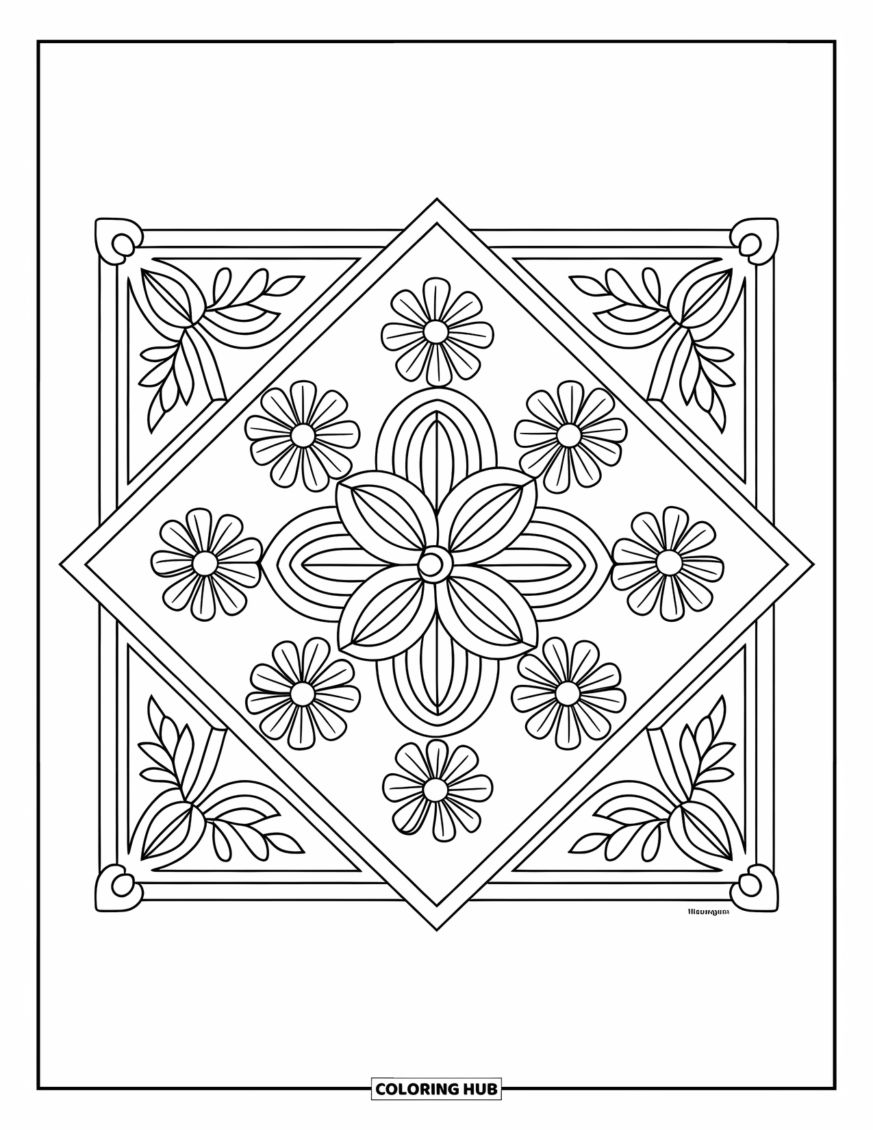 Rangoli Coloring Page for Adults: Floral triangle patterns inside a square rangoli layout