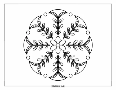 Rangoli-fargeleggingsark for voksne: Blomst med spiralranker og lekne prikkede halvirkler i vindmølleoppsett