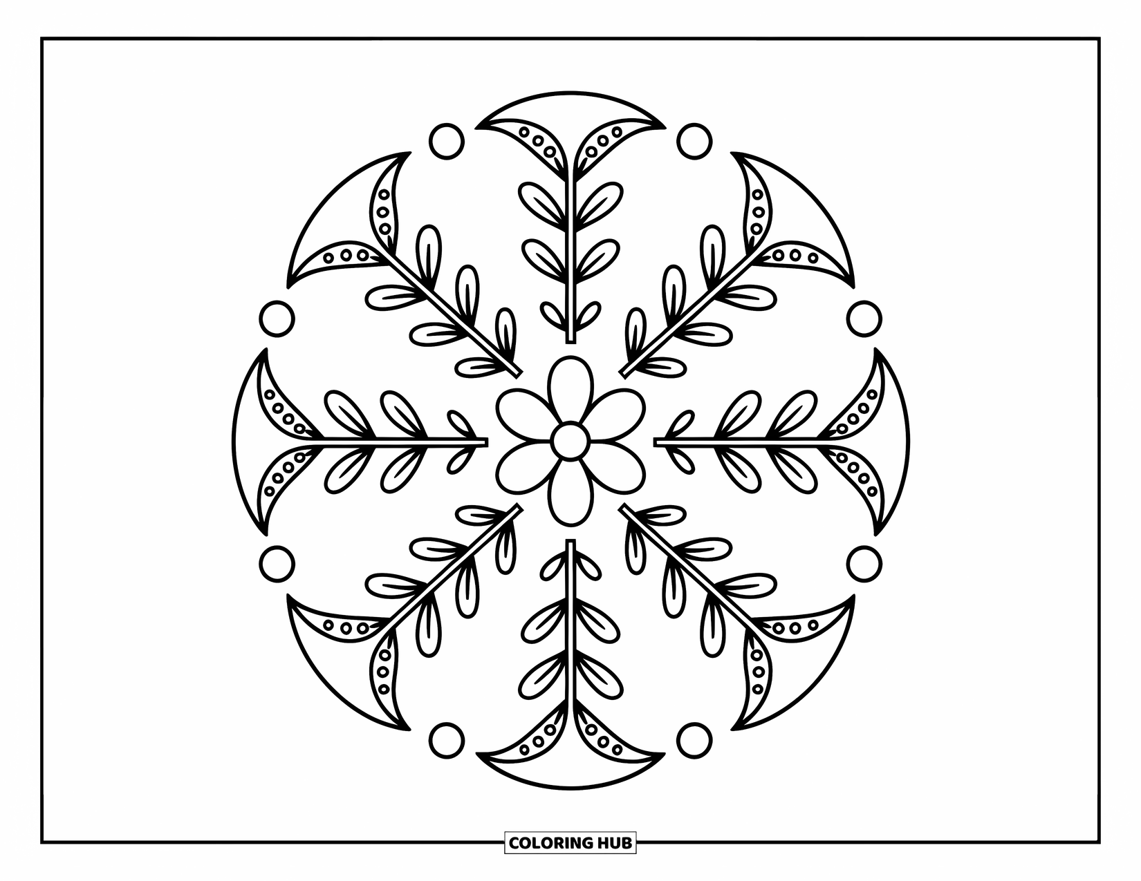 Rangoli Coloring Page for Adults: Flower with swirling vines and playful dotted semicircles in a pinwheel layout