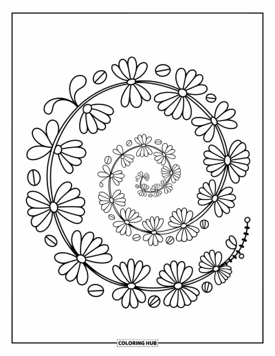 Rangoli-fargeleggingsark for voksne: Blomster i alle størrelser spiraler ut i en myk, prikkete virvel