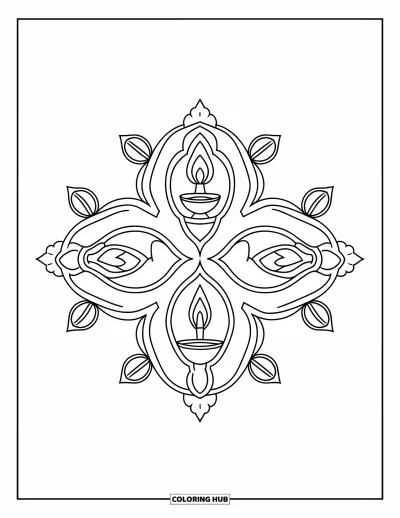 Rangoli-fargeleggingsark for voksne: Fire diya-lamper i en firkant forbundet av blomsterranker