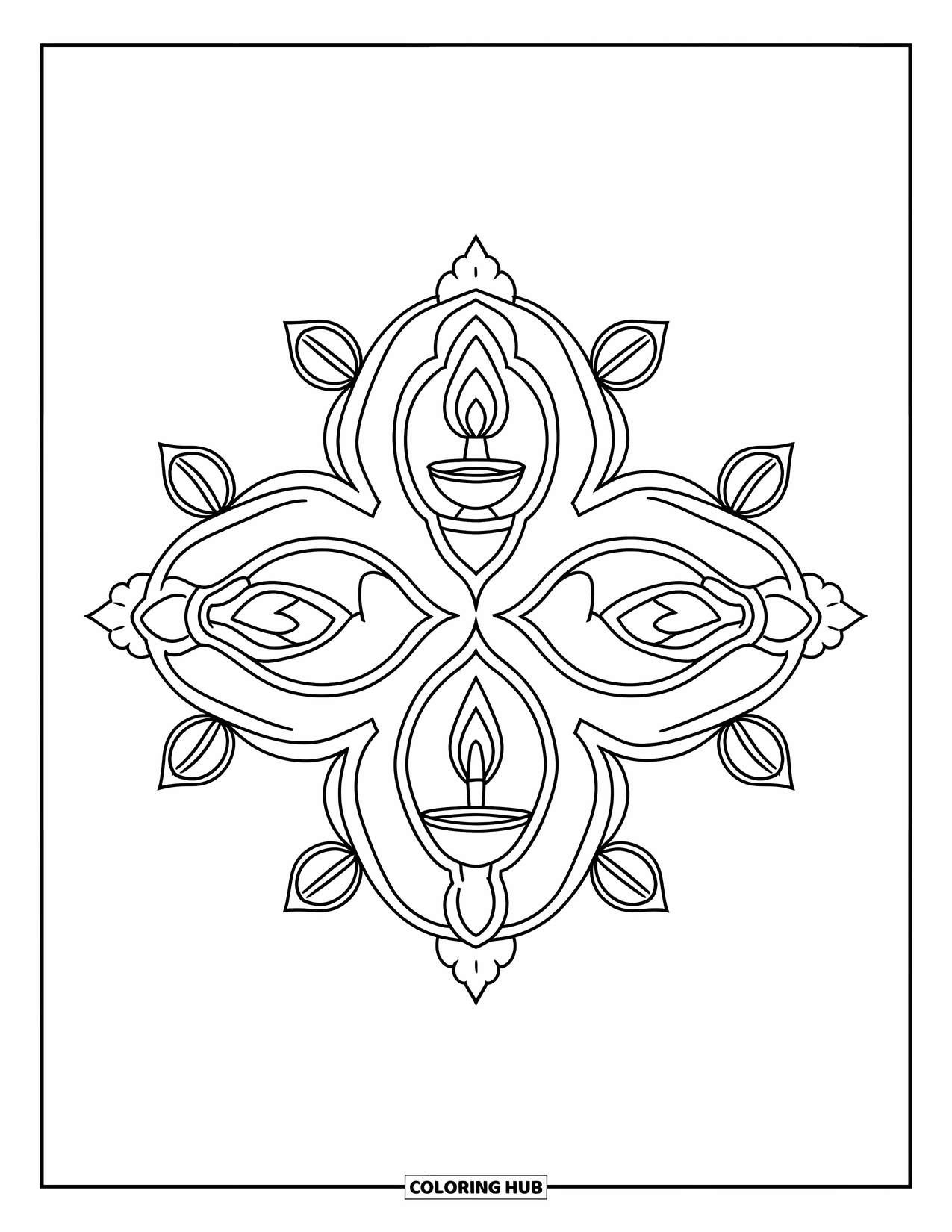 Rangoli Coloring Page for Adults: Four diya lamps in a square connected by floral vines