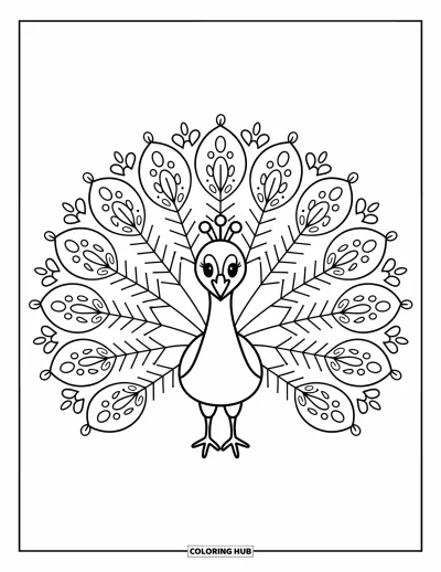 Rangoli-fargeleggingsark for voksne: Frontvendt påfugl med halvirkelhale av paisley- og blomsterdetaljer