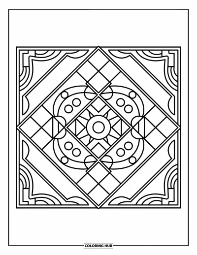 Rangoli-fargeleggingsark for voksne: Geometrisk diamant-rangoli med prikker og trekanter i en avrundet ramme