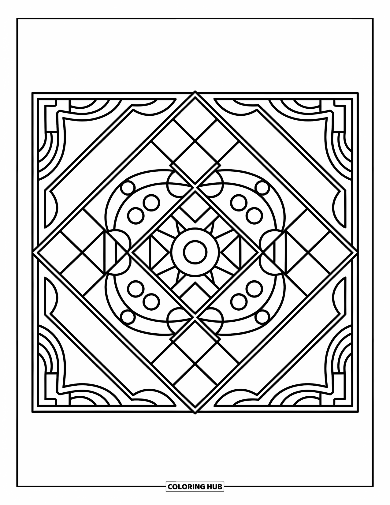 Rangoli Coloring Page for Adults: Geometric diamond rangoli with dots and triangles in a rounded border