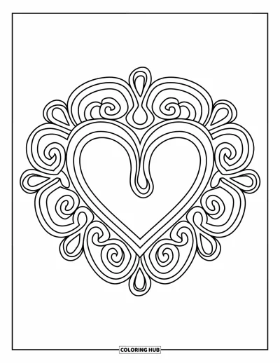 Rangoli-fargeleggingsark for voksne: Hjertedesign med spiralkrøller og delikate blomsteraksentuasjoner