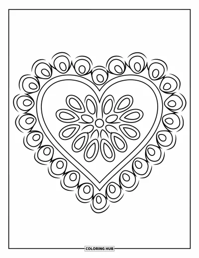 Rangoli-fargeleggingsark for voksne: Hjerterangoli med flytende krøller og intrikate blomstermønstre