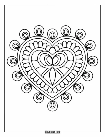 Rangoli-fargeleggingsark for voksne: Hjerteformet rangoli med blomsterkrøller og spiraler