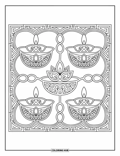 Rangoli-fargeleggingsark for voksne: Detaljert diya-firkant med lamper og blomsterforbindelser