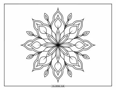 Rangoli-fargeleggingsark for voksne: Intrikat stjernesmell-rangoli med blomsterarmer og skarpe trekanter