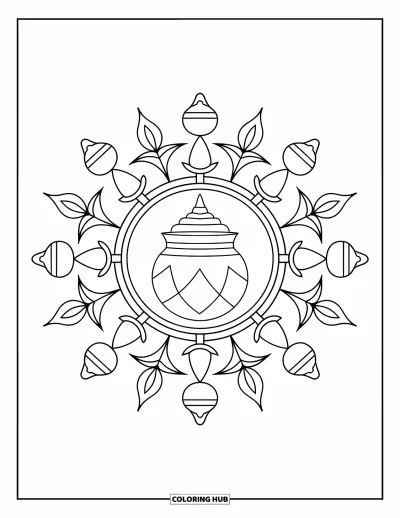 Rangoli-fargeleggingsark for voksne: Kalash-midtpunkt med symmetriske bjelle- og bladdekorasjoner