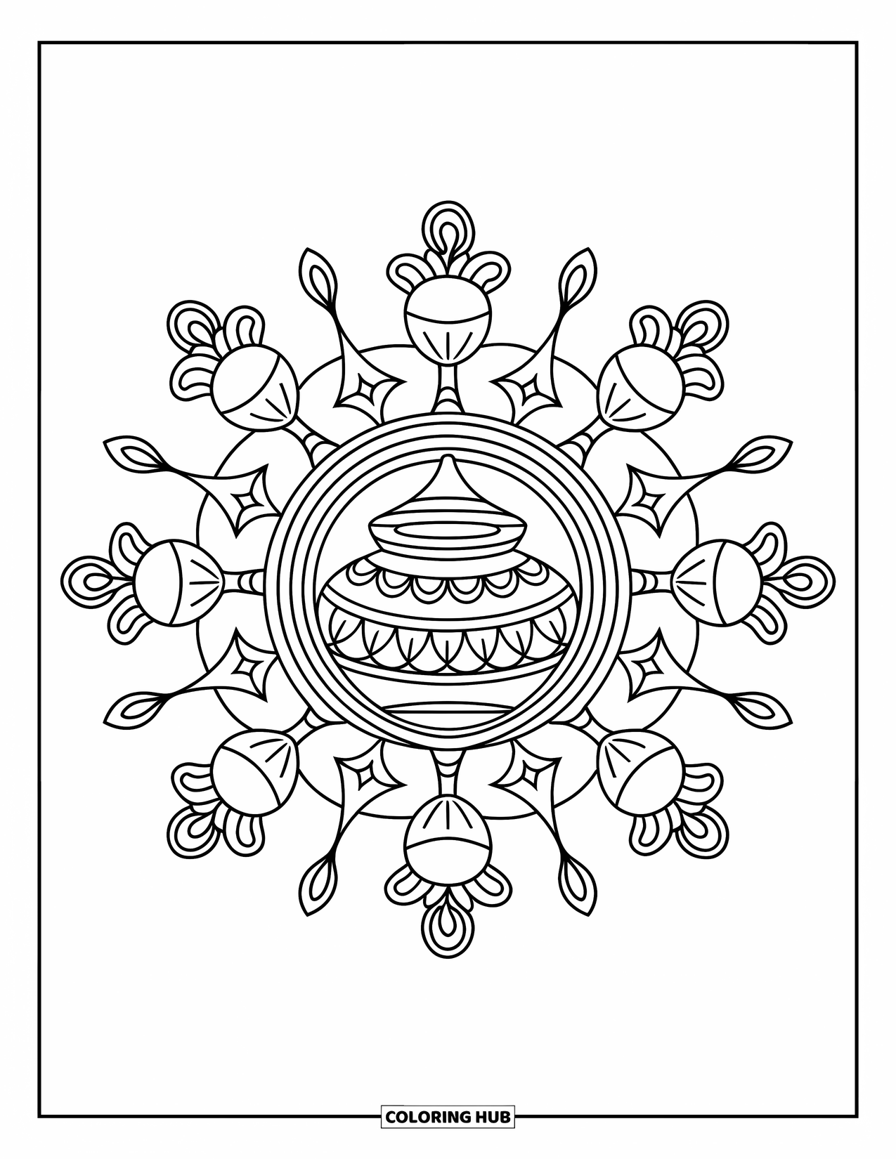 Rangoli Coloring Page for Adults: Kalash pot surrounded by bells and leaves in an intricate layout