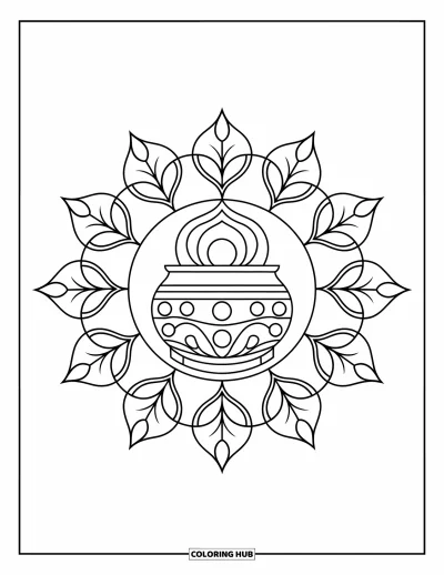 Rangoli-fargeleggingsark for voksne: Kalash-rangoli med blader og festlige bjellformer